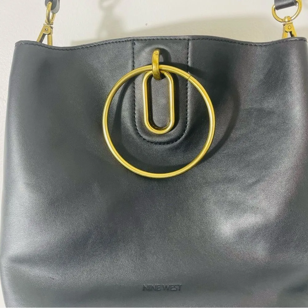 Nine West Soft Leather Black Handbag w Large Brass Gold Handles & Optional Strap - Image 8