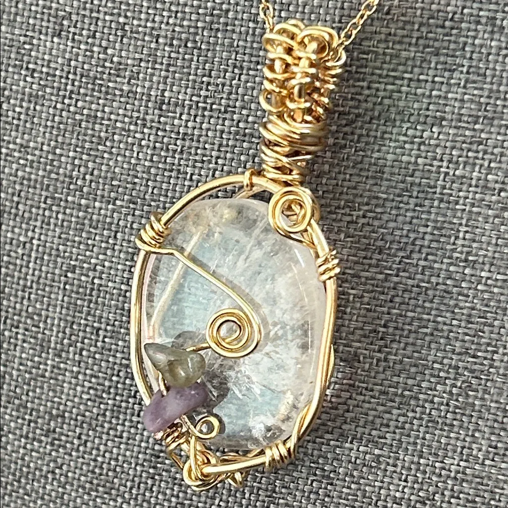 Gold Wire Wrapped Clear Quartz Crystal Pendant Necklace - Image 2