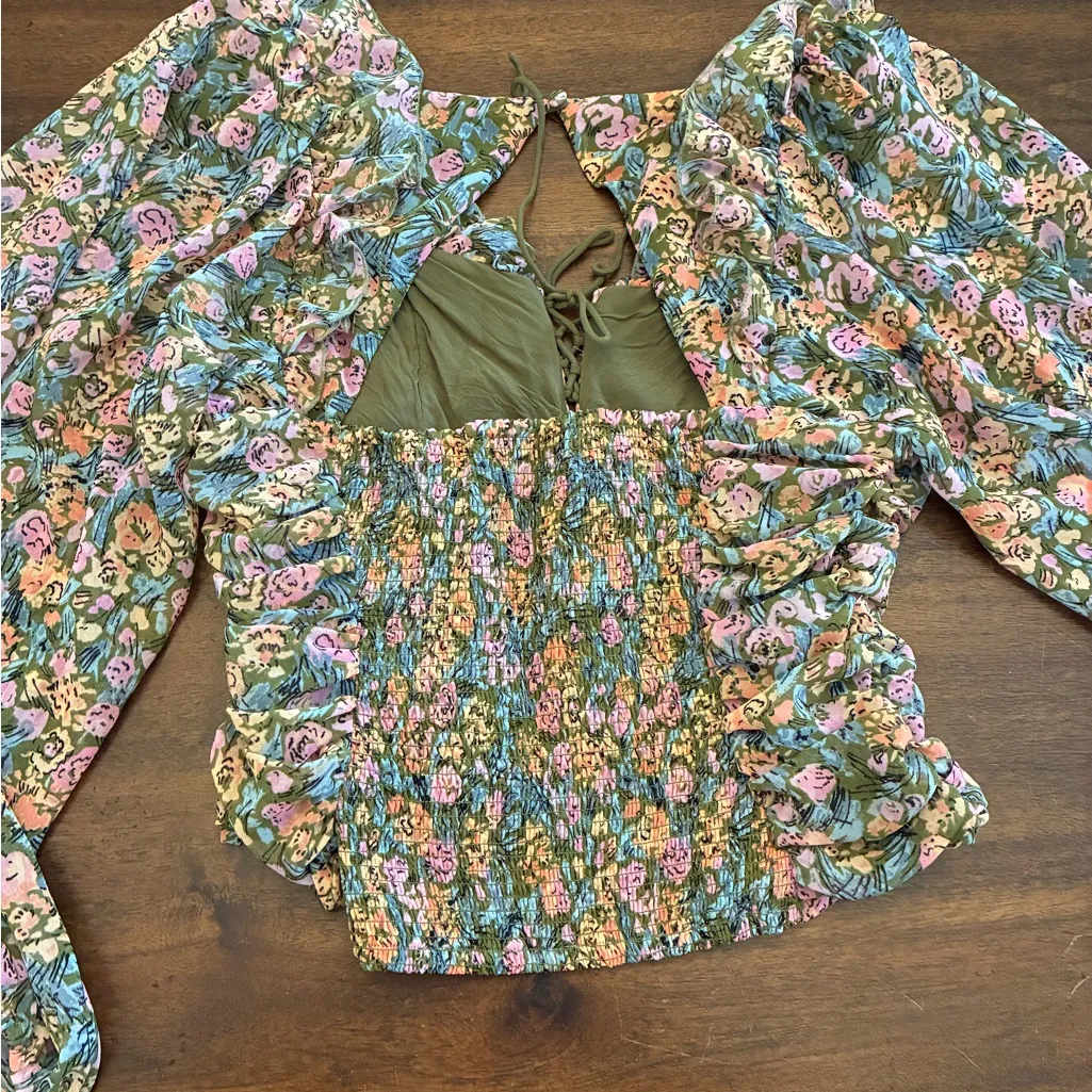 Free People Mabel Printed Blouse Women’s Small Garden Combo Lace Up Green Top - Image 3