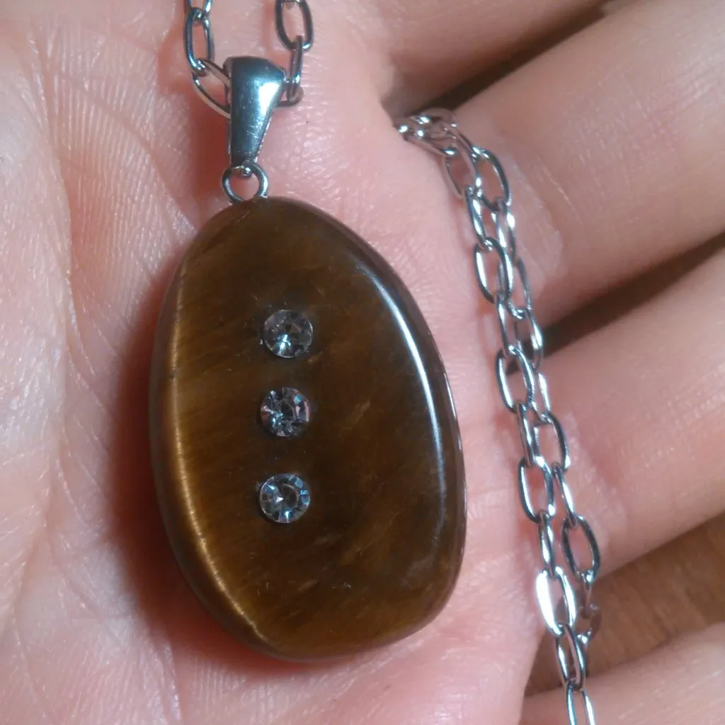 Tiger's Eye and White Austrian Crystal Stainless Steel Pendant Necklace - Image 11