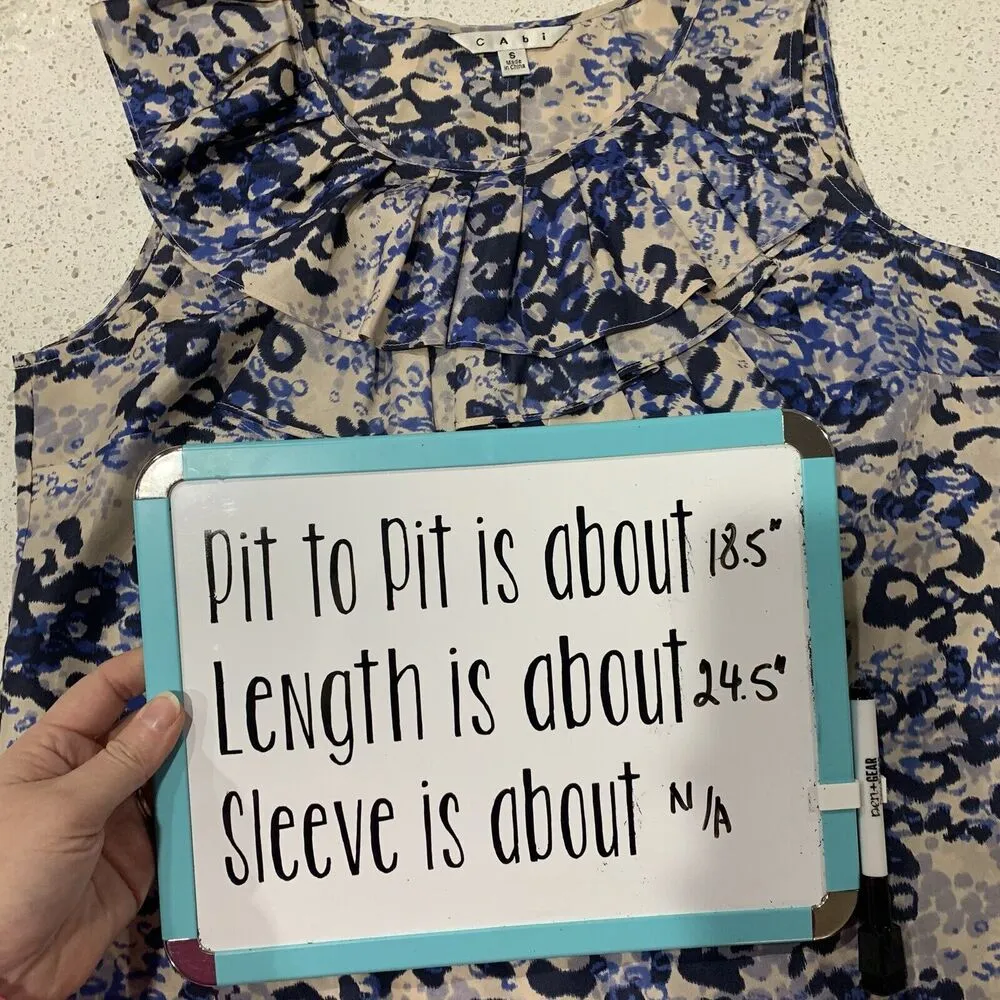 CAbi Sz S Top Blouse Silk Cascading Ruffle Blue Leopard Animal Print Sleeveless - Image 8