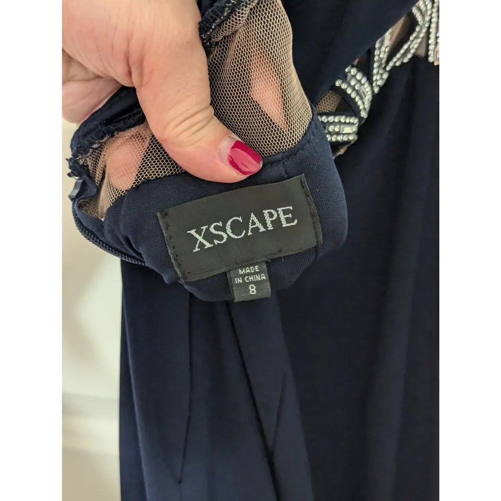 XSCAPE Crystal Embellished Halter Cut Out Dress Navy Blue Womens 8 Prom Formal - Image 4