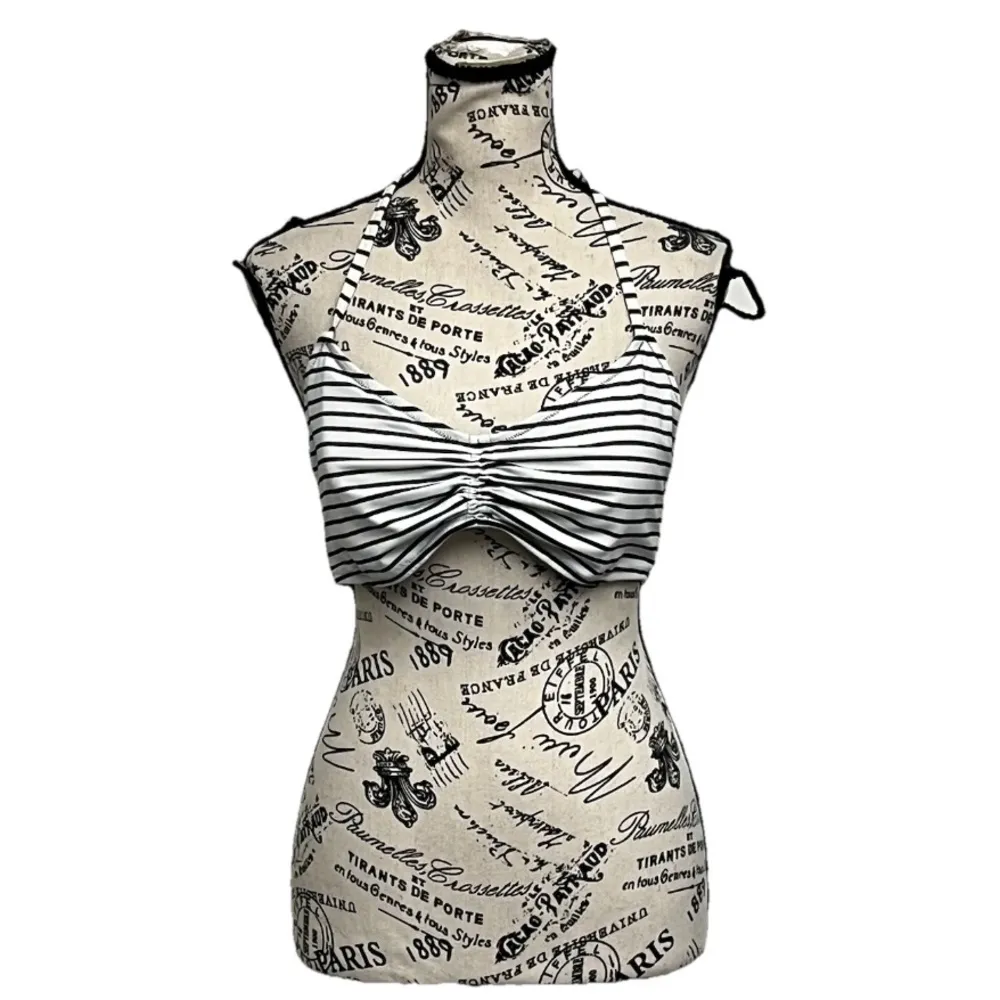 Victoria Secret Black & White Striped Ruched Halter Crop Top XL - Image 2