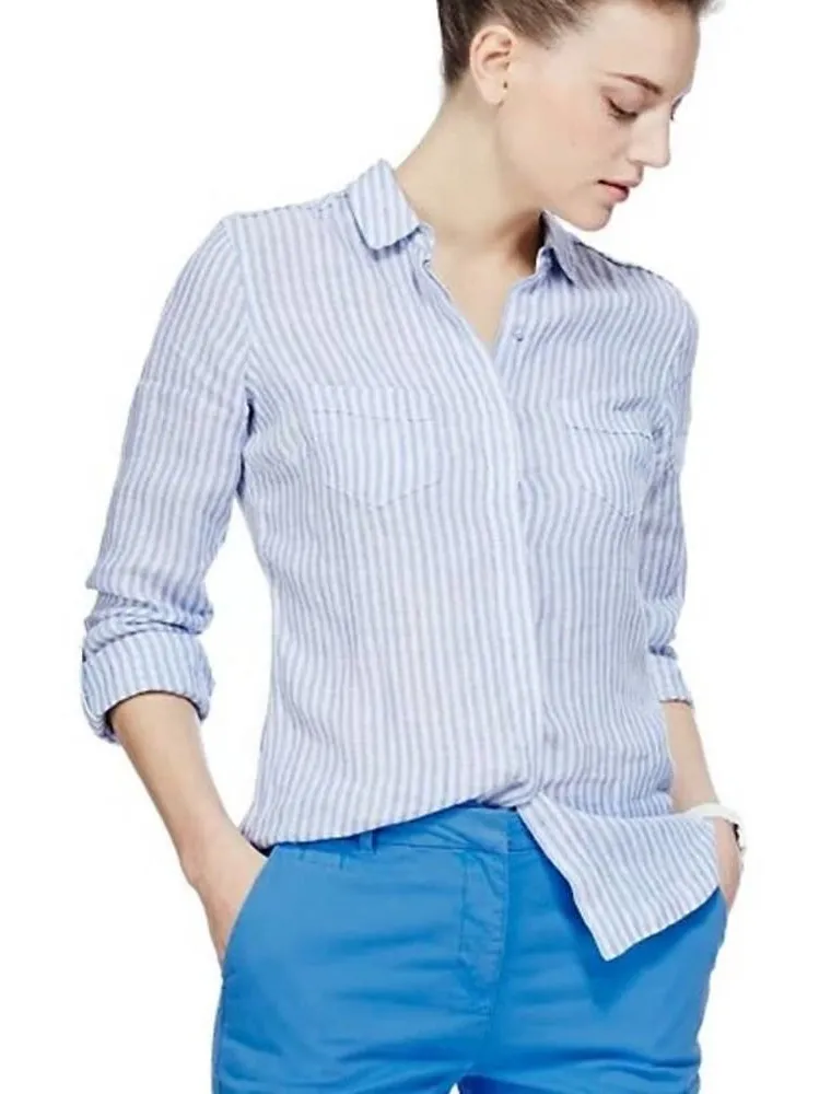 M&S Collection Marks and Spencer Pure Linen Striped Button Down Sz. M/L Blue Size M - Image 1