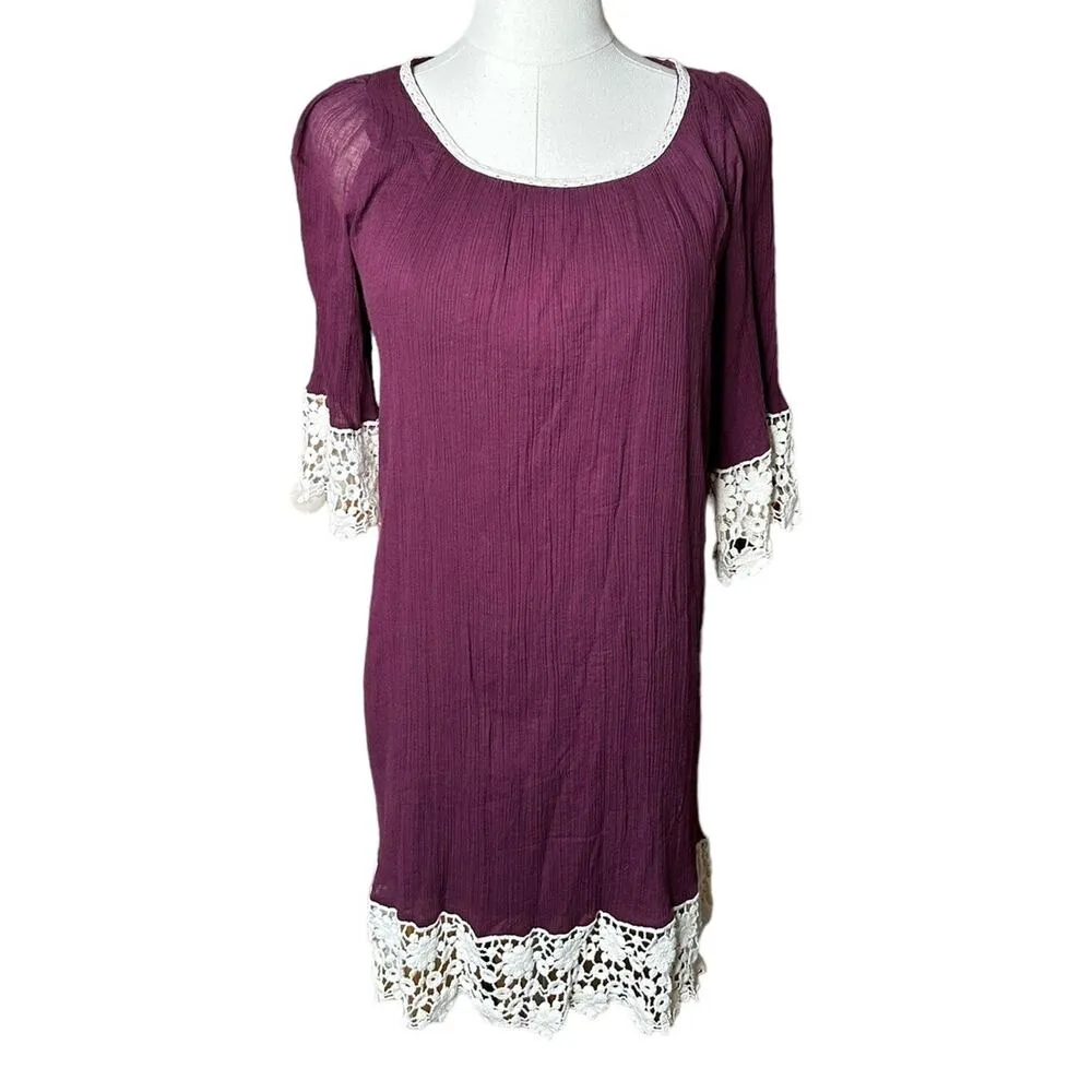 UMGEE Dark Purple Cream Lace Crochet Trim Boho Cotton Blend Gauzy Tunic Dress - Image 2