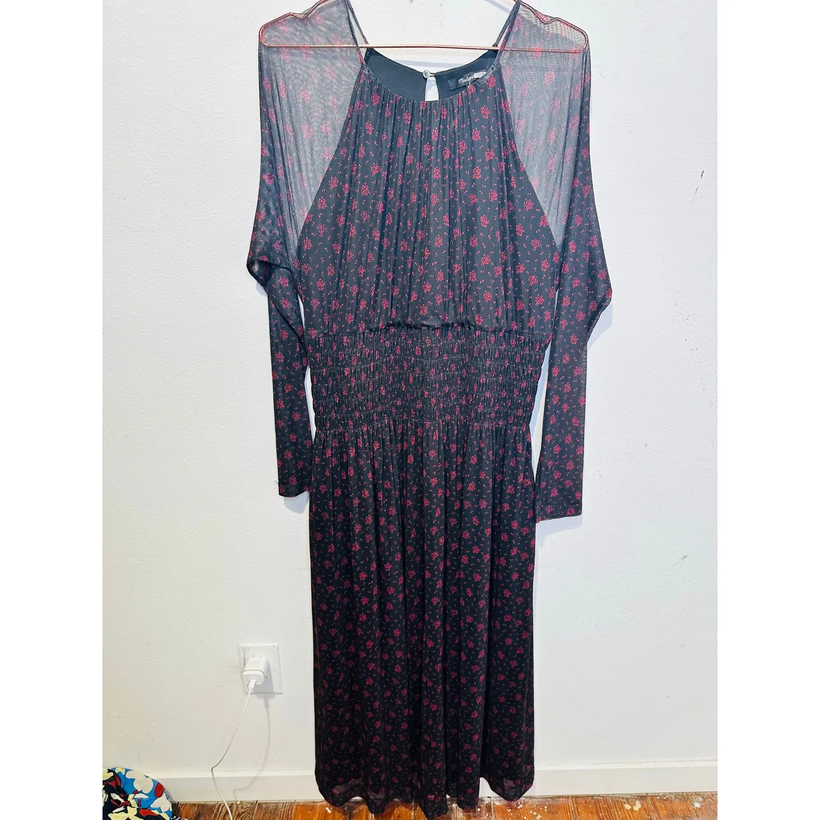 MADEWELL Black Red Smocked Midi Floral Print Sheer Lined Dress size XXL - Image 4