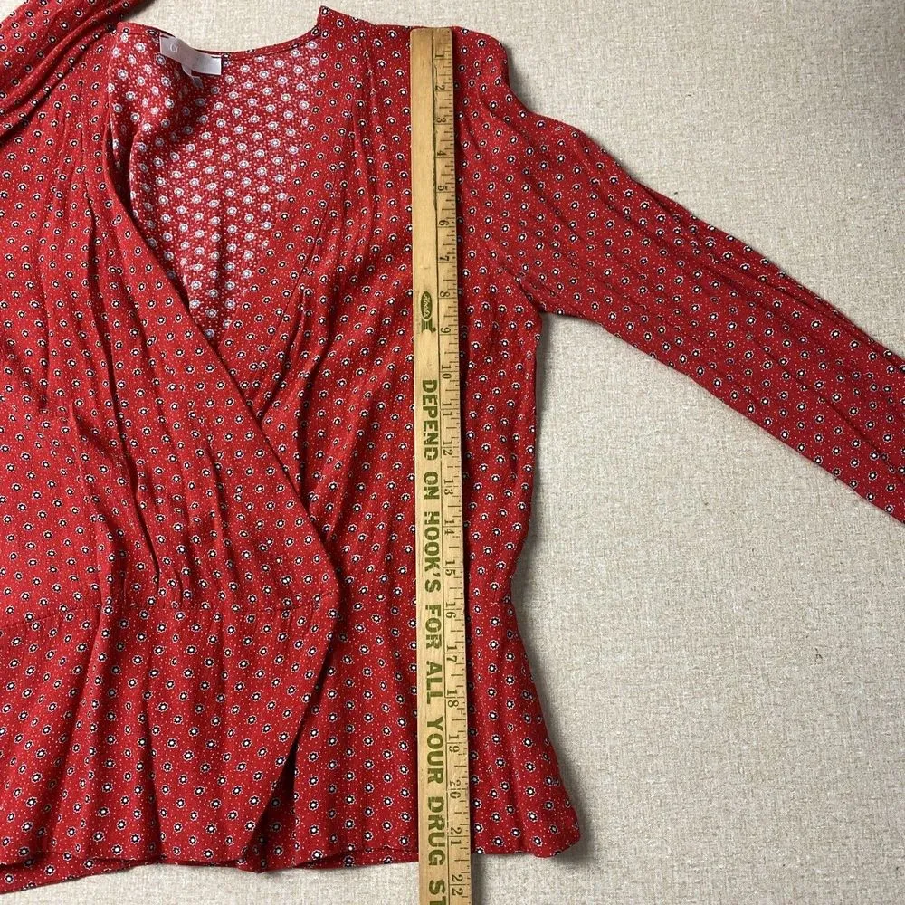 Cooperative Womens Large Red V Neck Wrap Top Long Sleeve Flower Polka Dot - Image 10