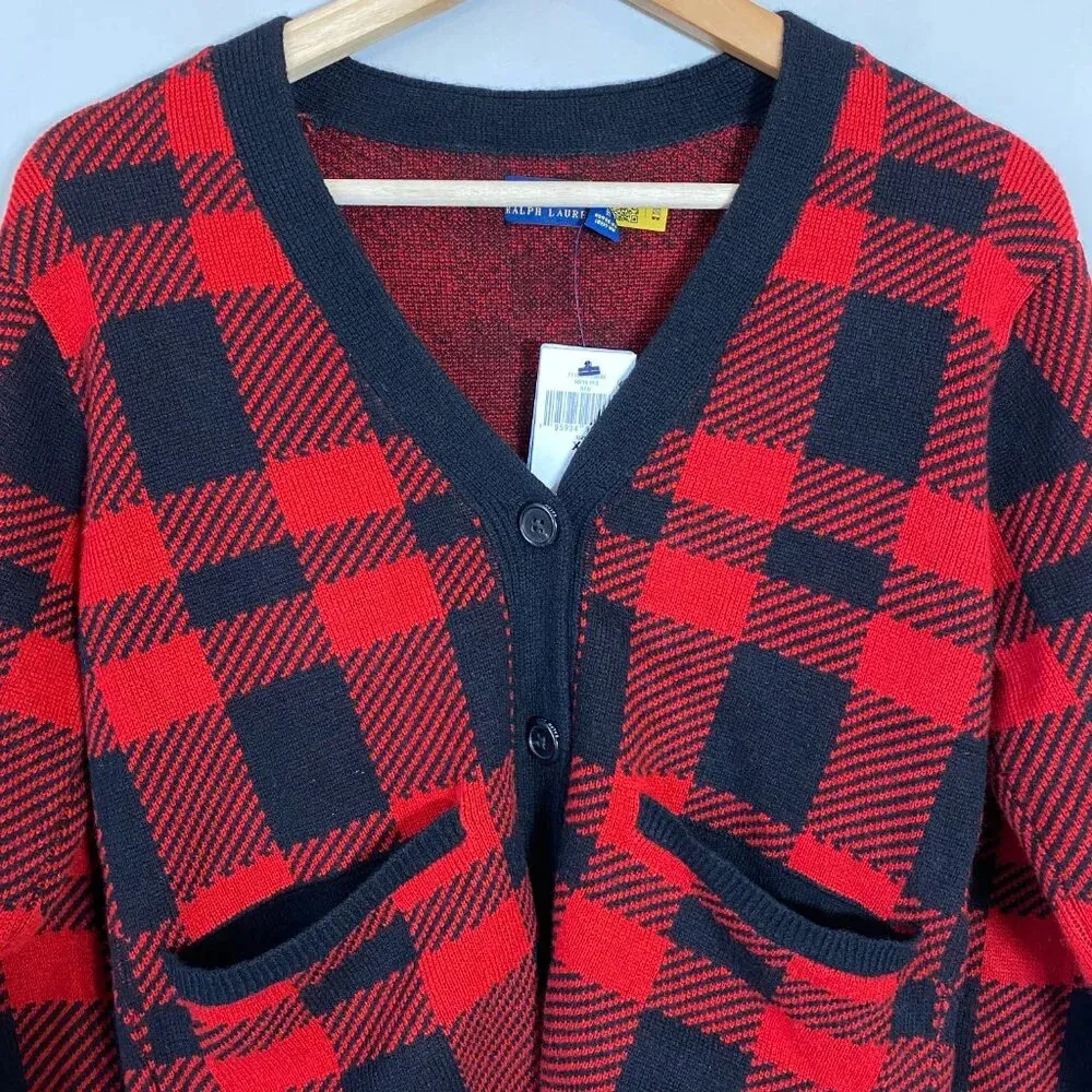 NWT Polo Ralph Lauren Buffalo Plaid Cropped Cardigan Sweater Womens XS Red Black - Image 7