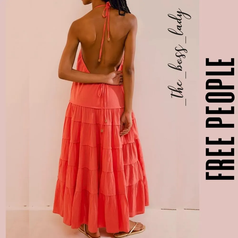 Free People maxi dress tiered halter ruffled cotton Medium - Image 8
