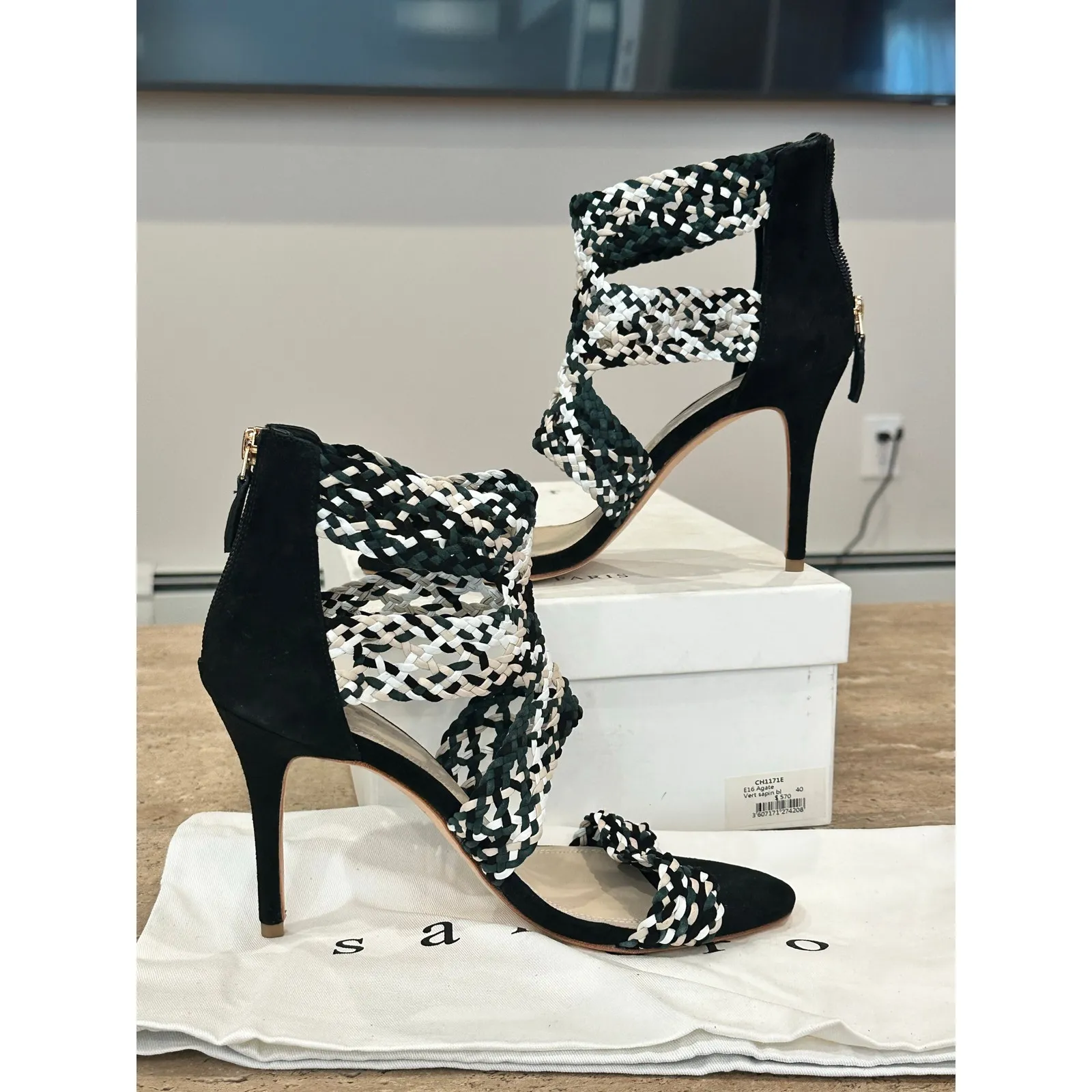 NEW Sandro Agate Vert Sapin Green Black Woven Strap Open Toe Heel Sandal 39 - Image 8