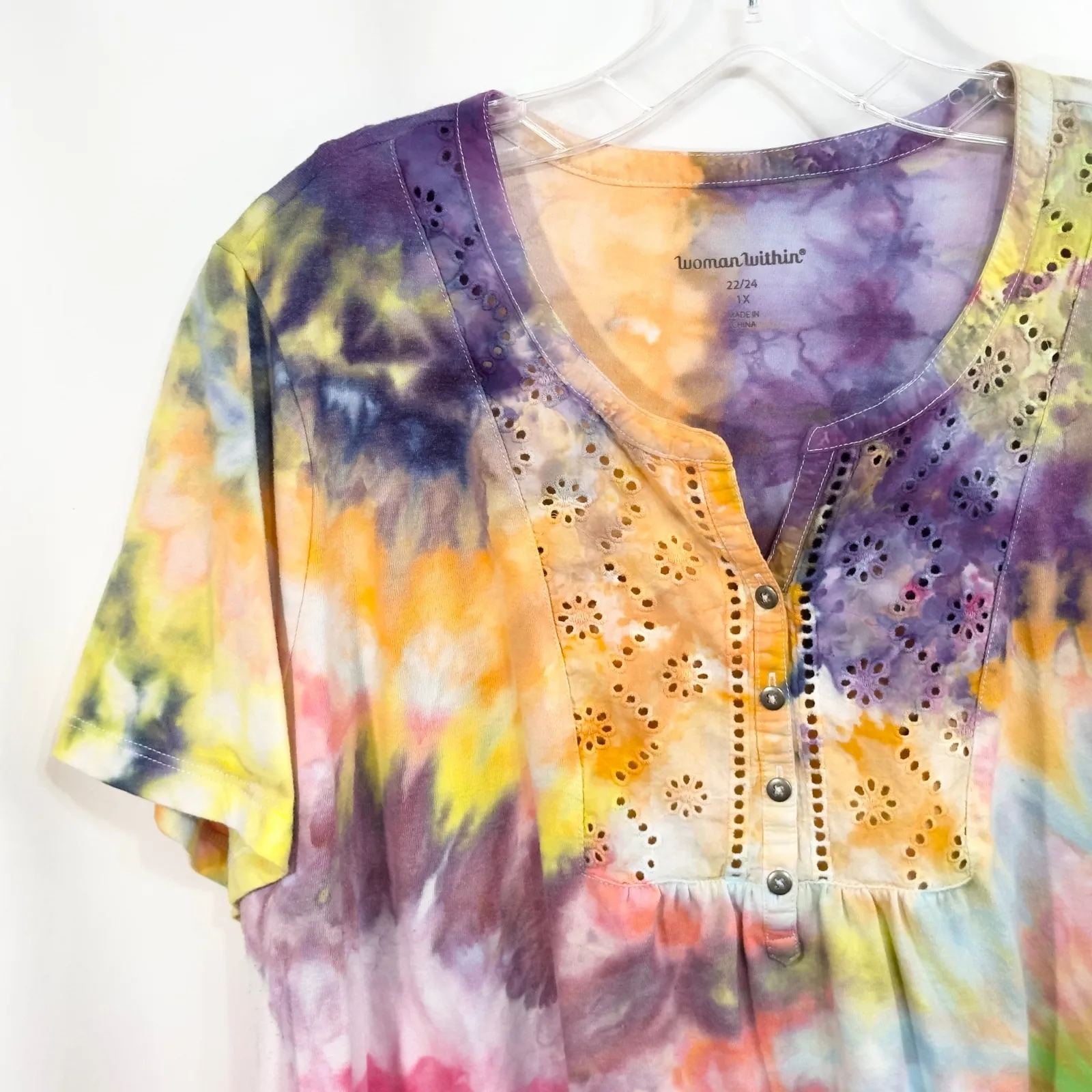 Woman Within Plus Size 22W 24W Top 1X Handmade Tie Dye Eyelet Short Sleeve 720 - Image 5