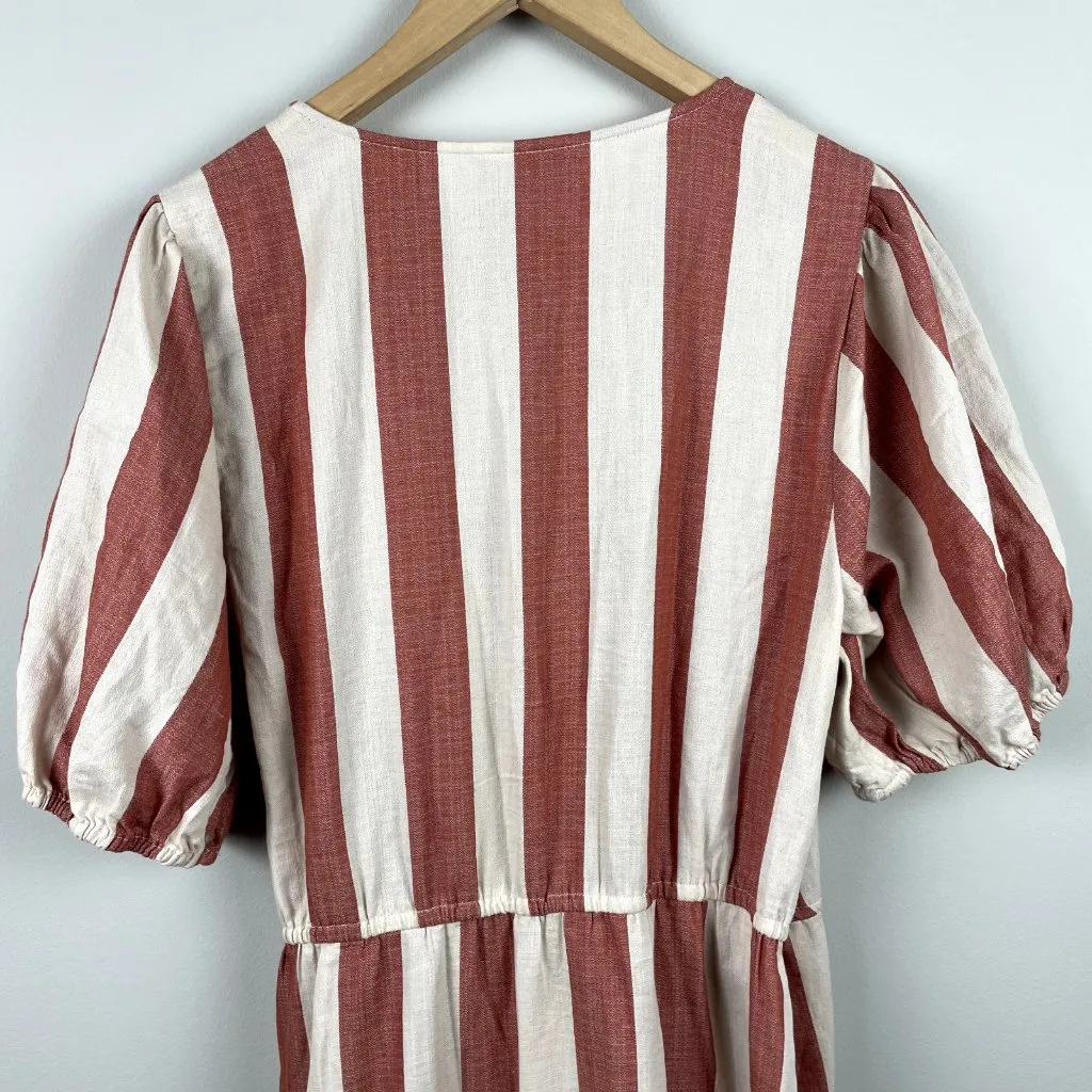 Knox Rose Wrap Dress‎ L Maxi V-Neck Striped Cream Brick Tiered Short Puff Sleeve - Image 9