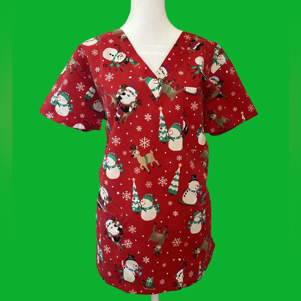 Vintage Y2K 90s whimsical snowmen and Santa red two pocket Xmas scrub top MD Size M - Image 2