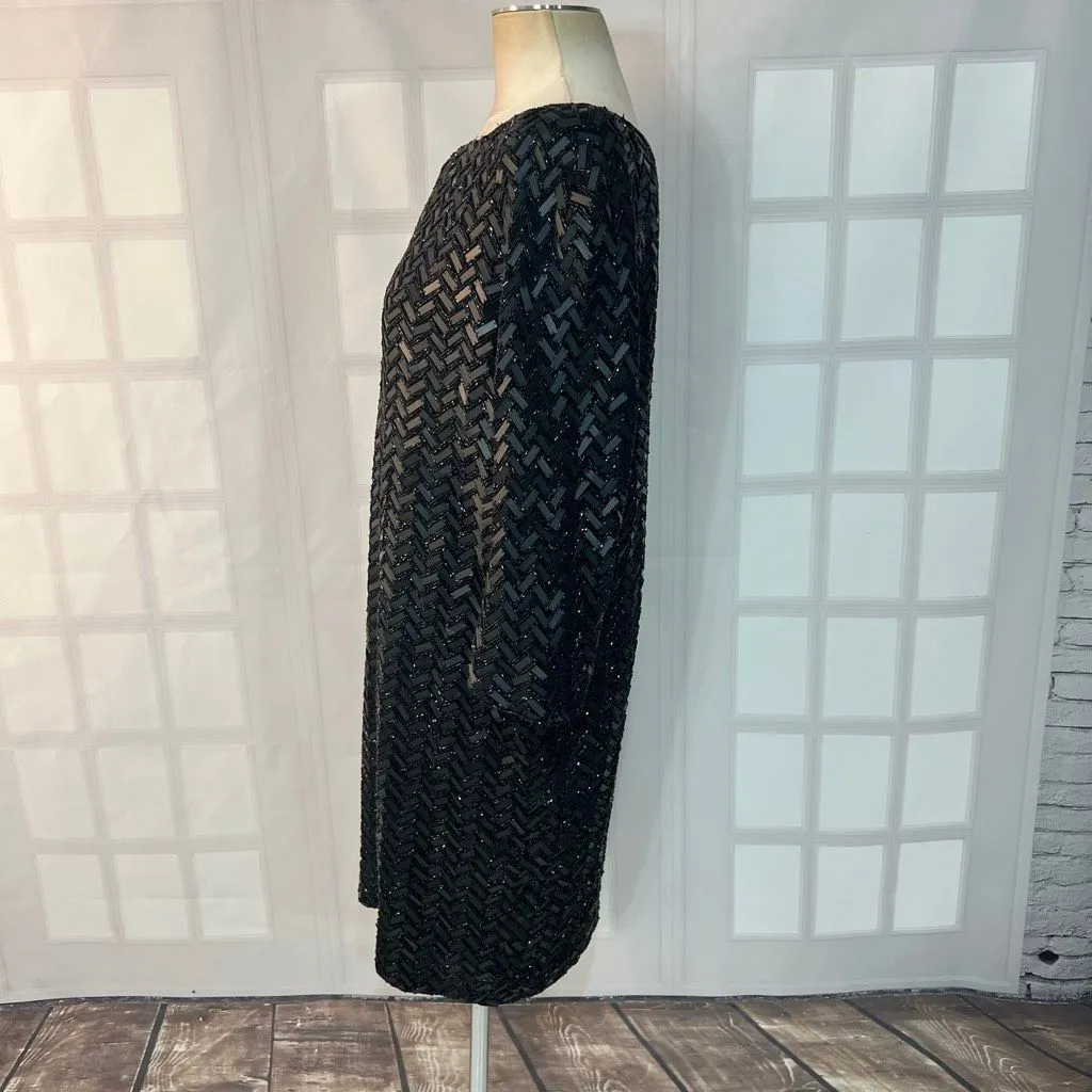 Carmen Marc Valvo Black Silk Chevron Long Sleeve Sequin Cocktail Dress Size 10 - Image 6