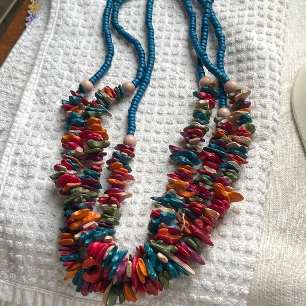 Vintage 3 strand painted stone beaded necklace, boho festival hippie Blue - Image 2