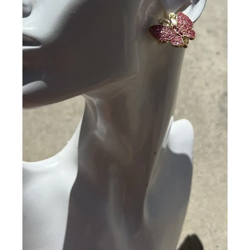 Vintage Pink Gold Tone Stone Rhinestones Spring Pin Clip Earrings Women’s Sz 1” - Image 9