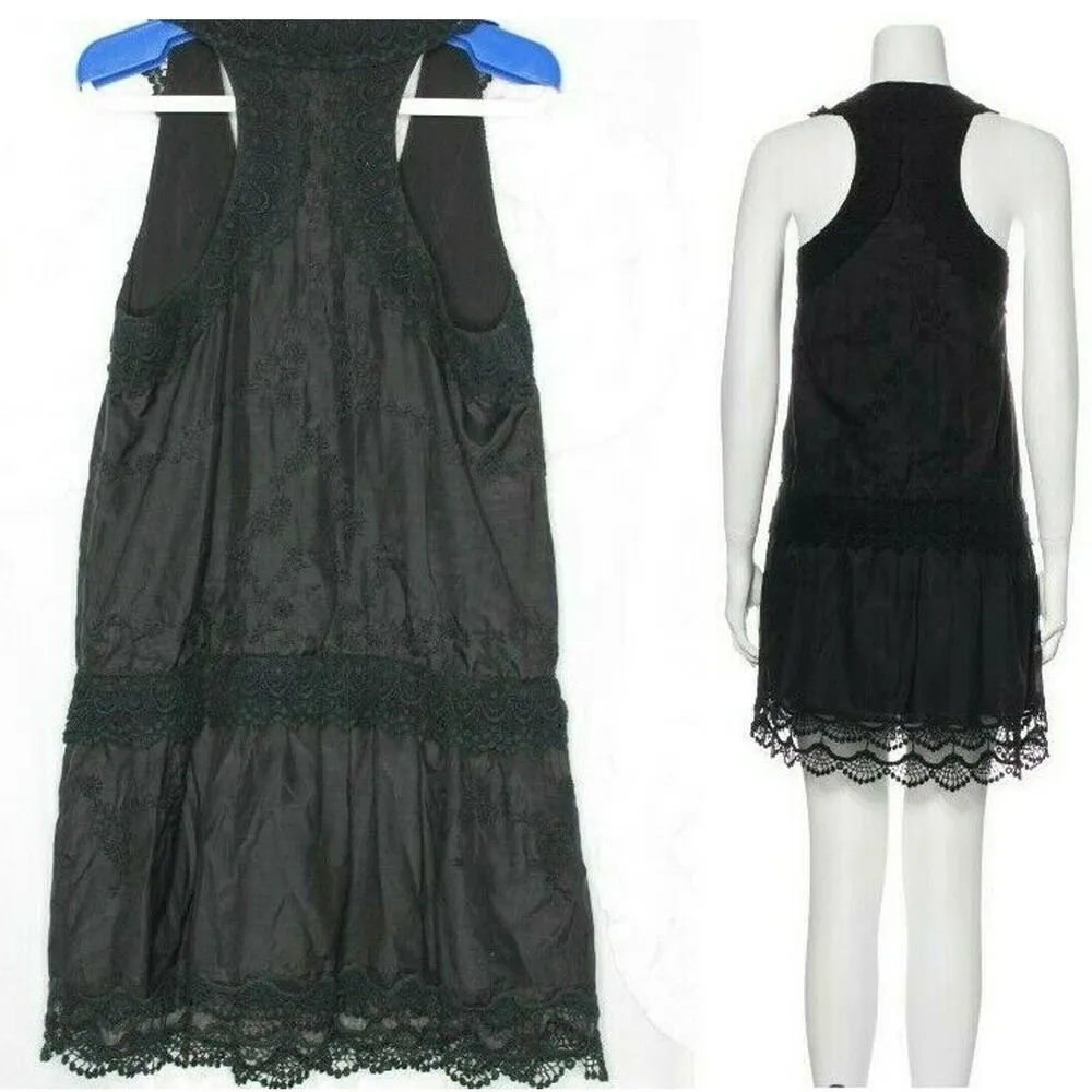 Rebecca Minkoff Scoop Neck Mini Dress Size 6 Embroidered Lace Hem Black - Image 2