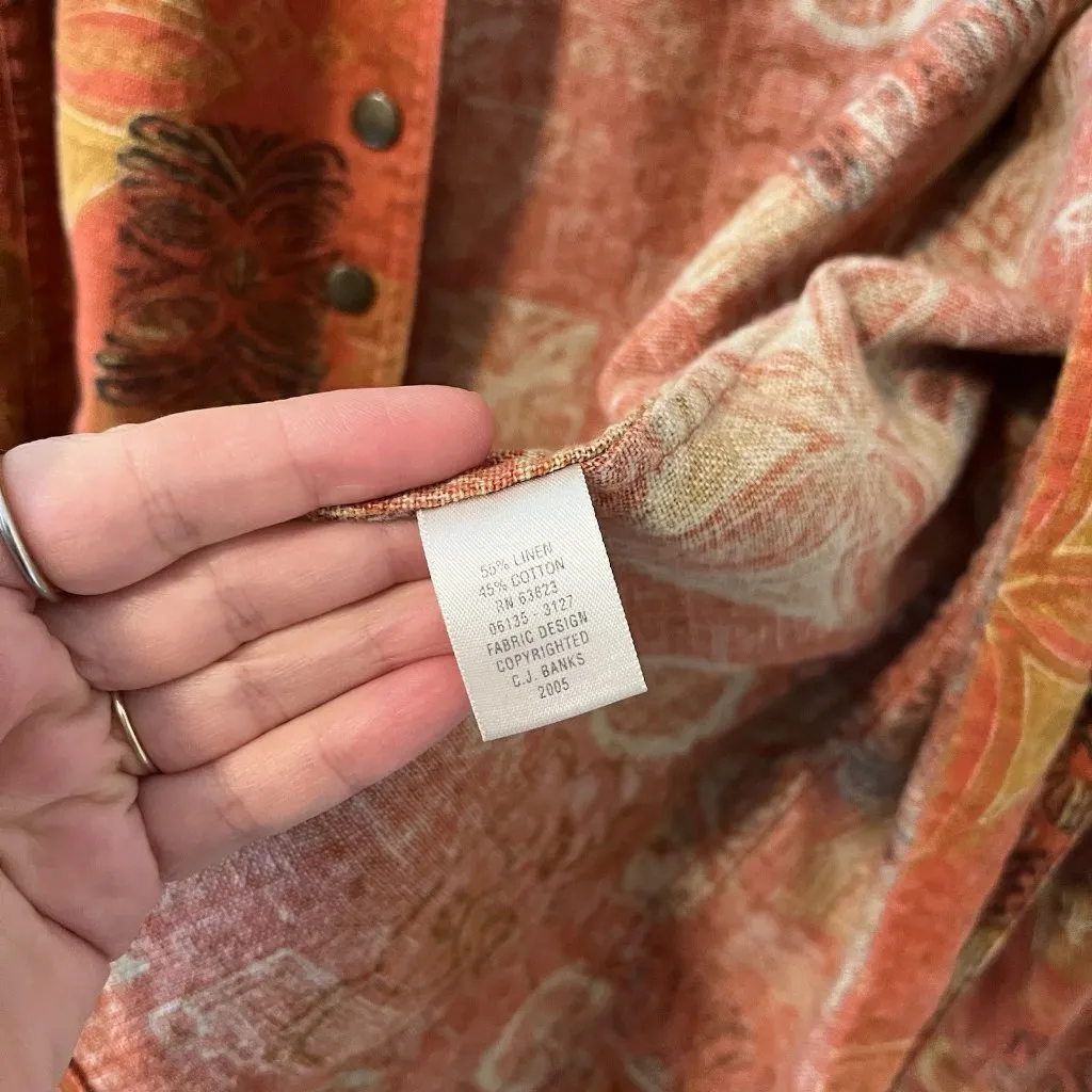 Orange Boho Citrus Retro 70s Jacket Linen Cotton Hippie Art To Wear Laganlook 1X - Image 7