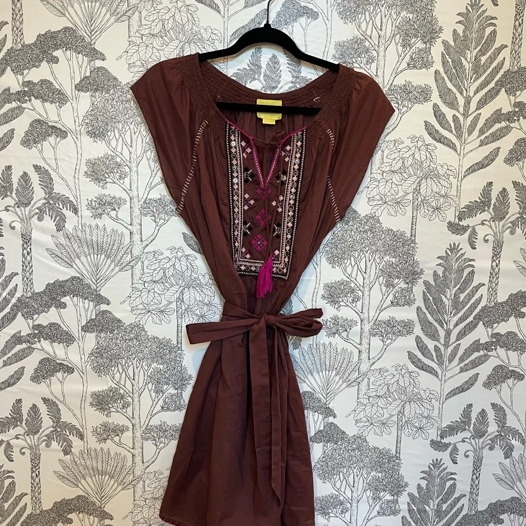 Anthropologie Maeve Chocolate Brown embroidered Cotton tunic dress sz 12 - Image 4