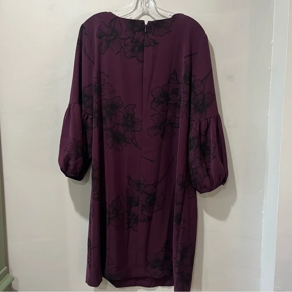 Ann Taylor Factory Purple Shift Dress Size 14 Long Balloon Sleeves Flowers - Image 7