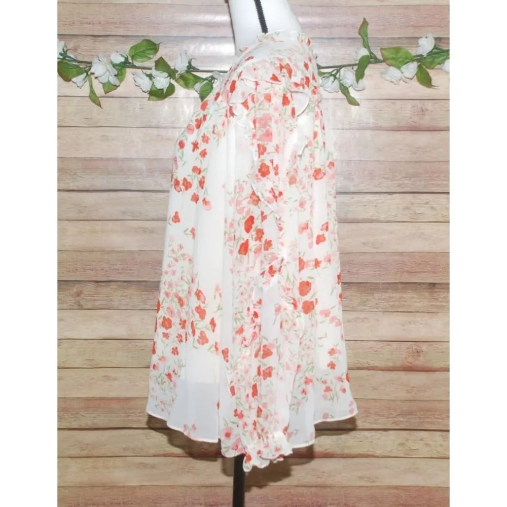 SUGARLIPS Love Bomb Blouse Size 2X Cream Floral Sheer Long Sleeve Ruffles Tie - Image 7
