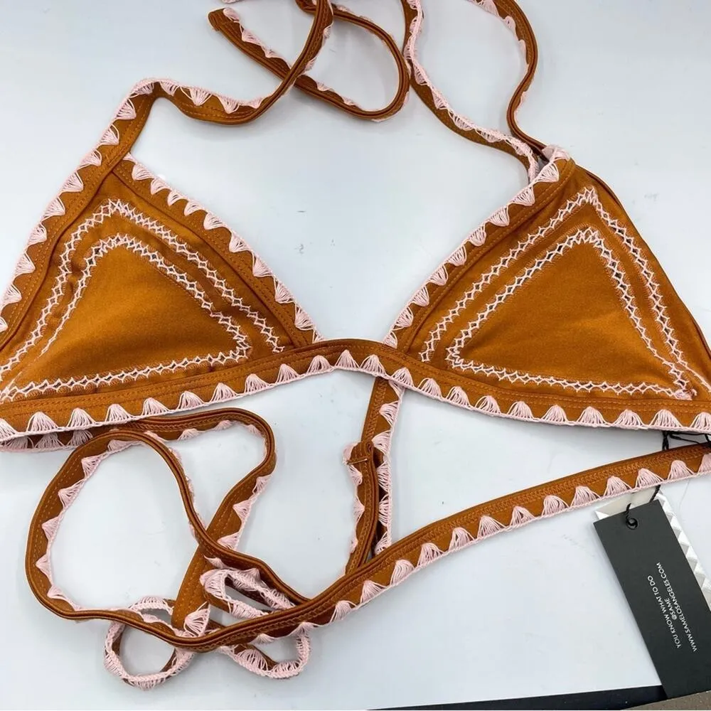 Same Los Angles Embroidered Bikini Top Swimsuit Womens L Boho Brown Triangle Size L - Image 2