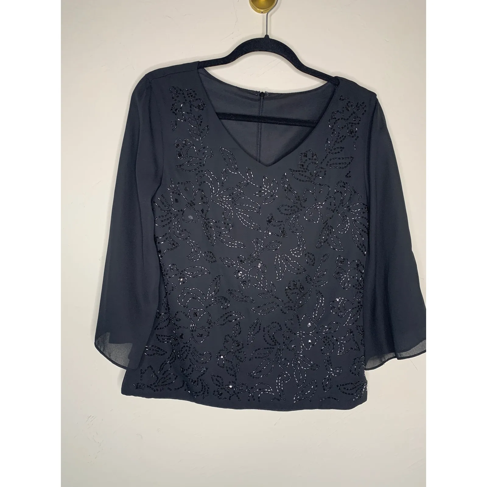 Black Beaded Blouse Formal Wedding Bell Sleeve Sz 8 - Image 5