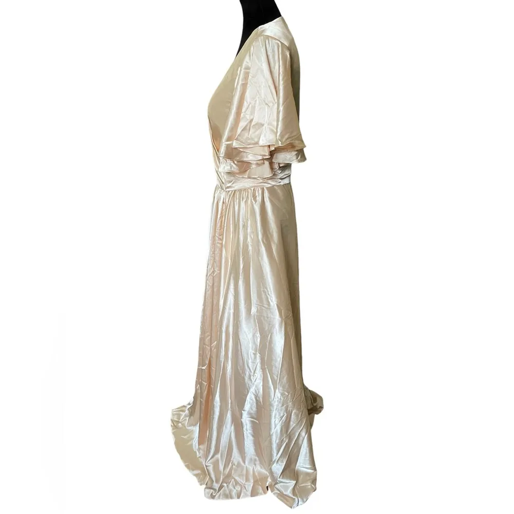 Luxury Champagne Satin Bridal Bridesmaid Formal Glam Wrap Floor Length Dress Size M - Image 4