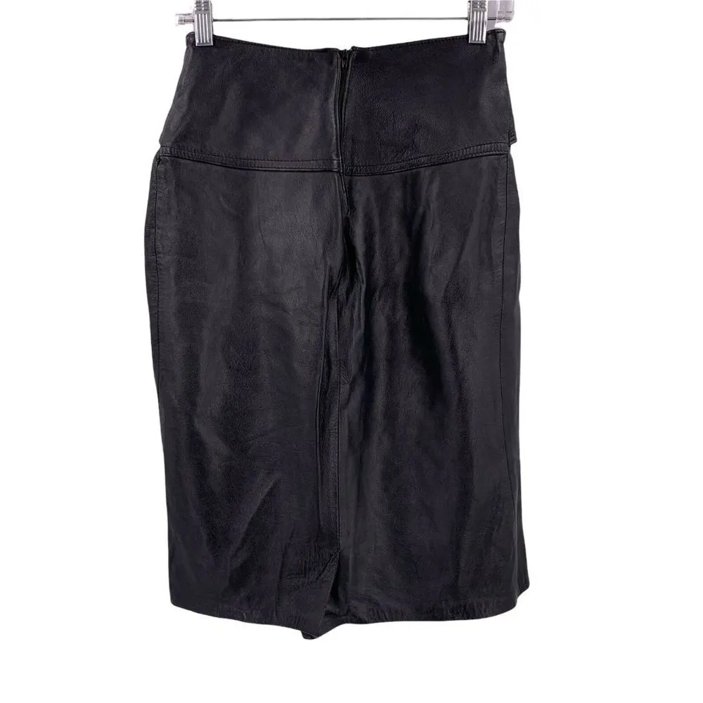 Vintage 90's Y2K Italian Black Leather High Waist Belted Skirt Size 42 - Image 3