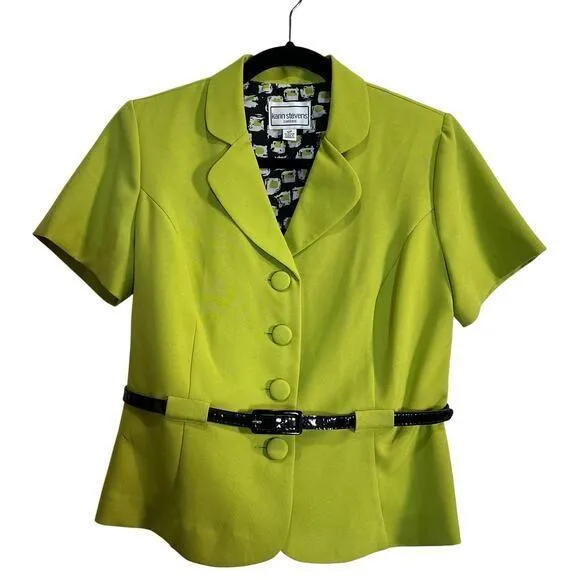 Karin Stevens Petites NWT Neon Green Black Belted Short Sleeve Blazer Size 12P - Image 1