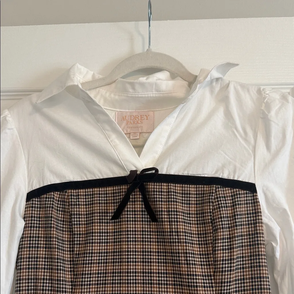 Elegant Plaid Mini Dress with White Top Brown - Image 2