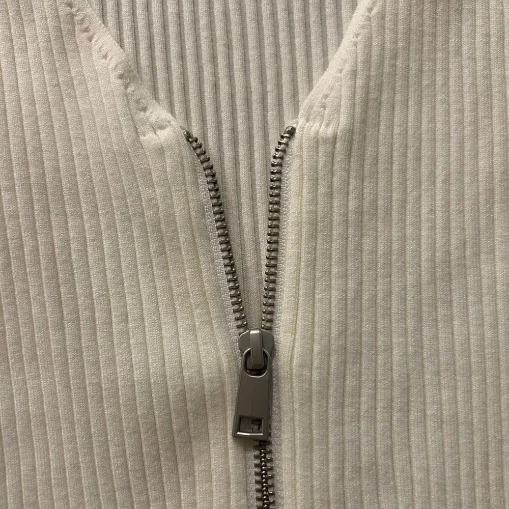 Open Edit Nordstrom White Ribbed Long Sleeve Zip Front Sweater Mini Dress Small - Image 3