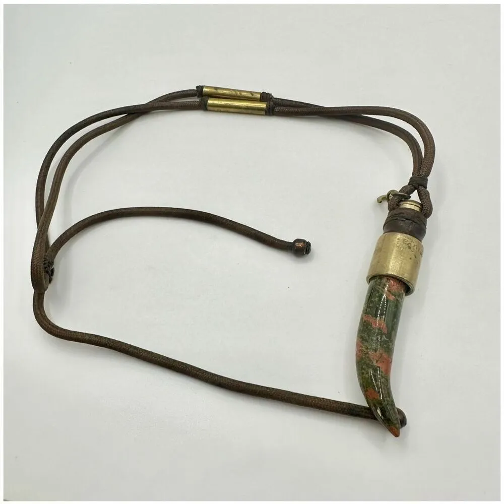 Unakite horn pendant brass and brown cord OM charm necklace - Image 4