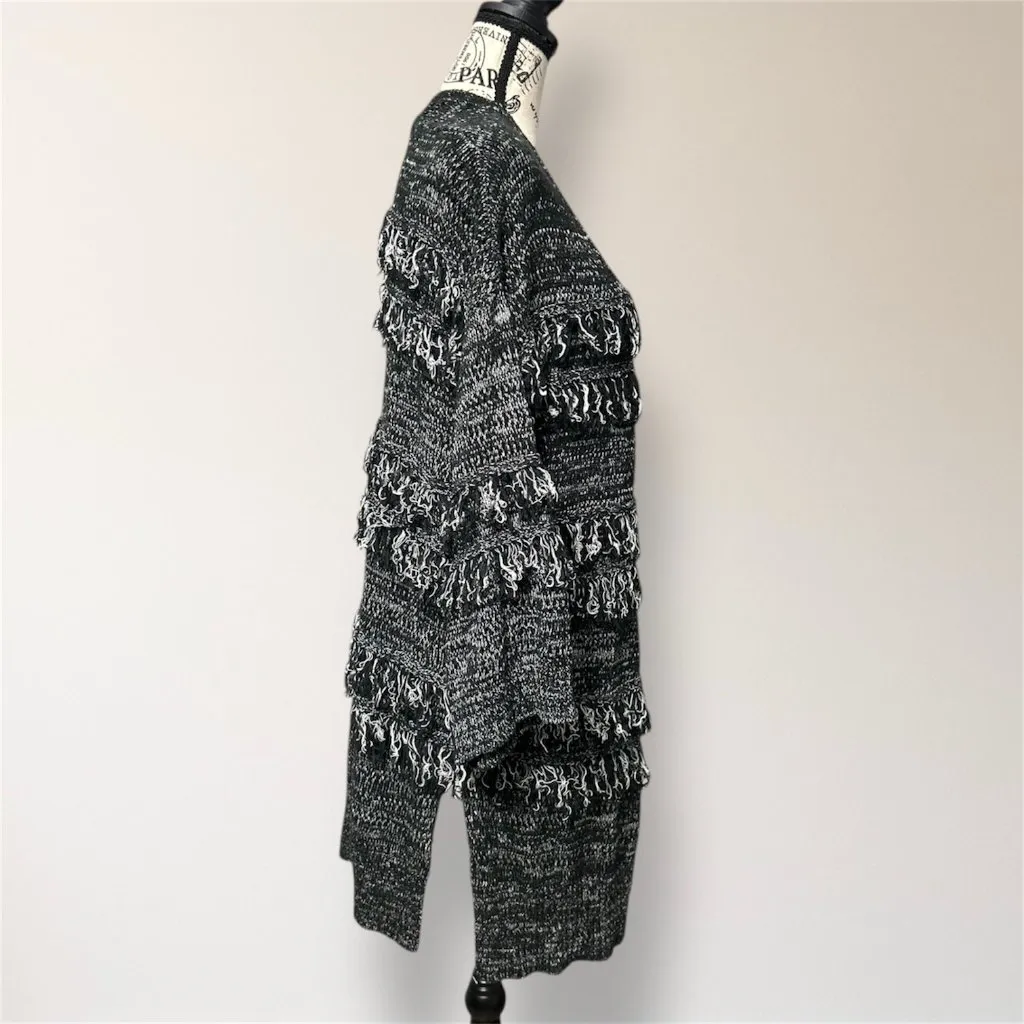 Knox Rose L Black White‎ Fringe Open Front Chunky Knit Cardigan Boho Hippie - Image 4