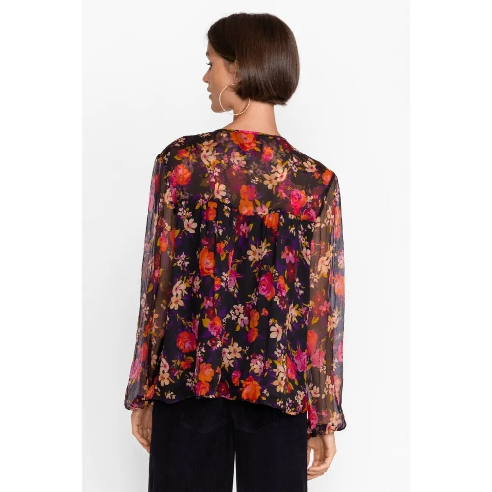Johnny Was Black Floral Lace Blouse Sheer Long Sleeve Bohemian Peasant Top Small - Image 5