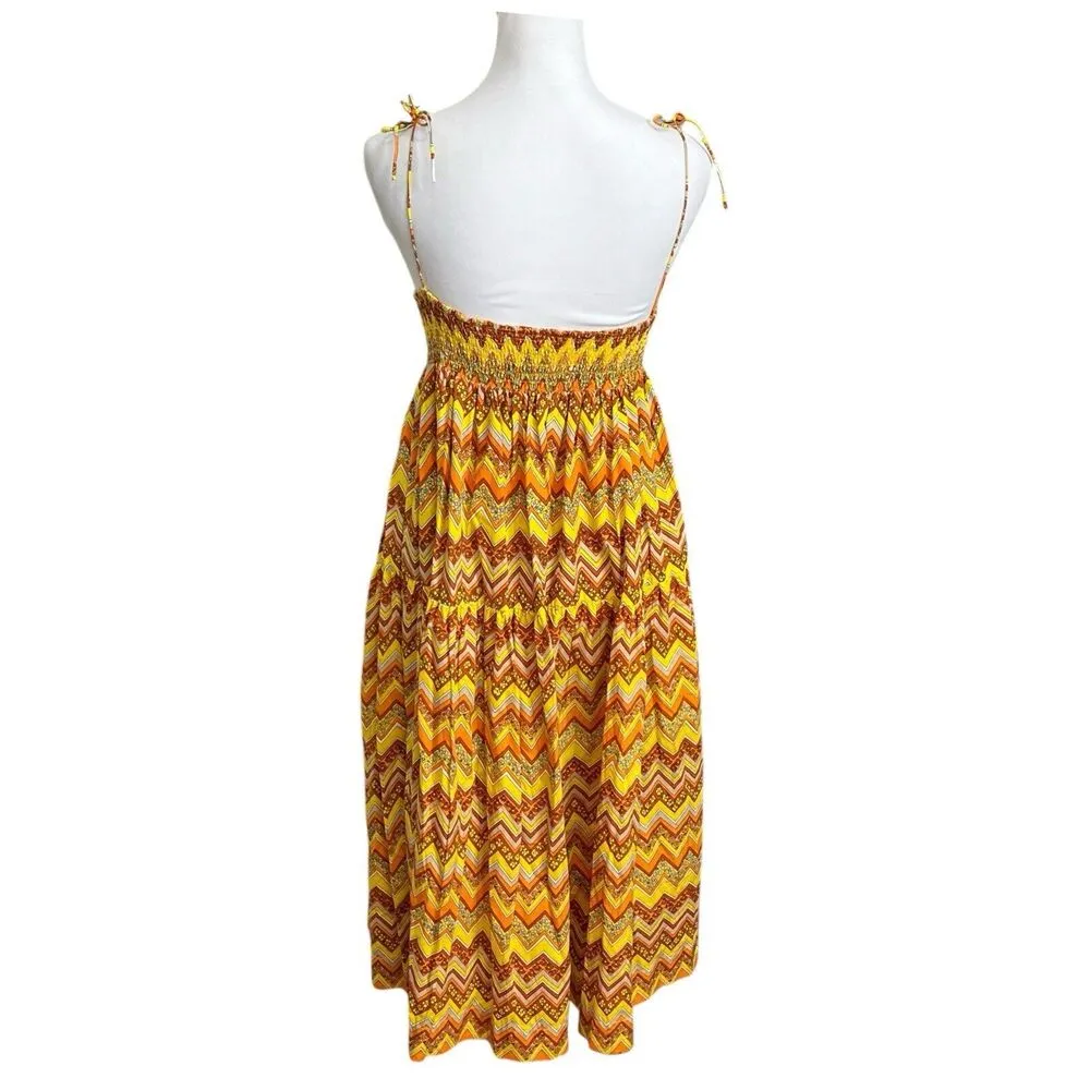 SWF Zigzag Midi Dress Women’s Size Small Yellow Smocked Cotton Tie Shoulder - Image 6