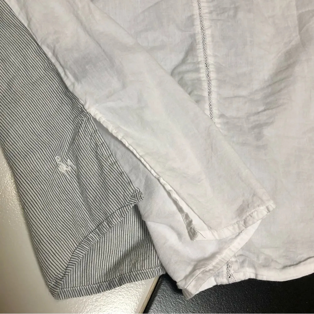 Sita Murt Blue Camp Top Tie Collar Top Soft Cotton Short Sleeve Retro Striped M - Image 10