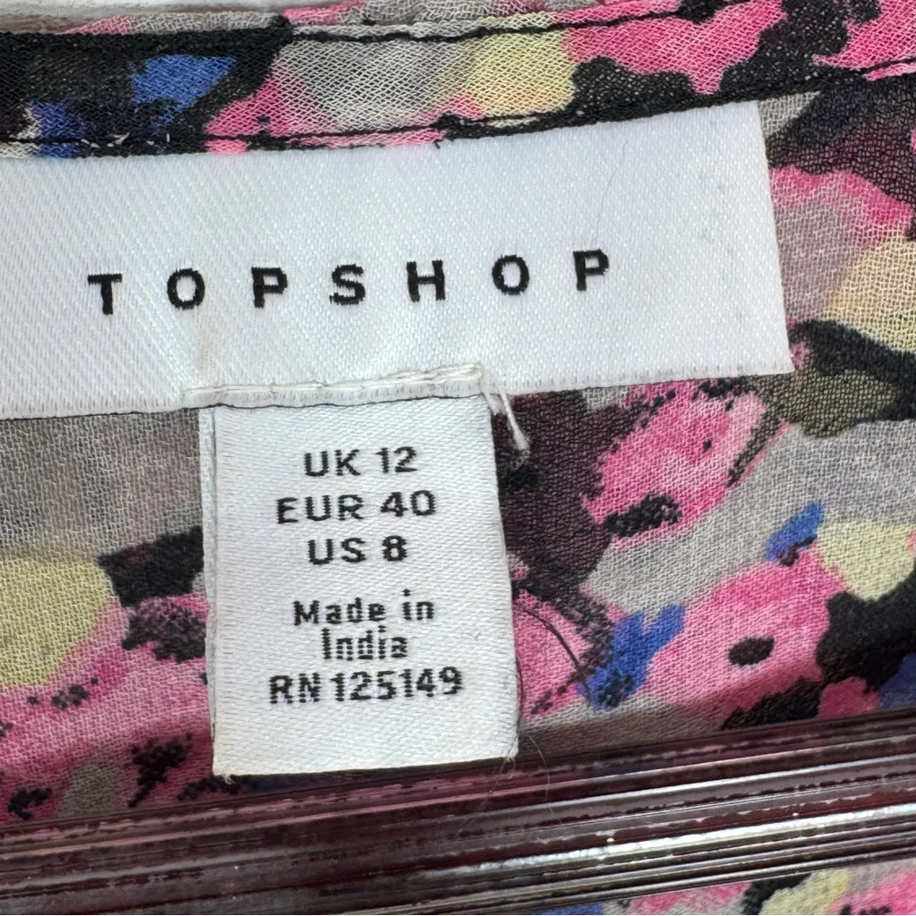 Topshop Abstract Floral Confetti Ruffled Cinch Waist Button Up‎ Blouse Pink 8 - Image 9