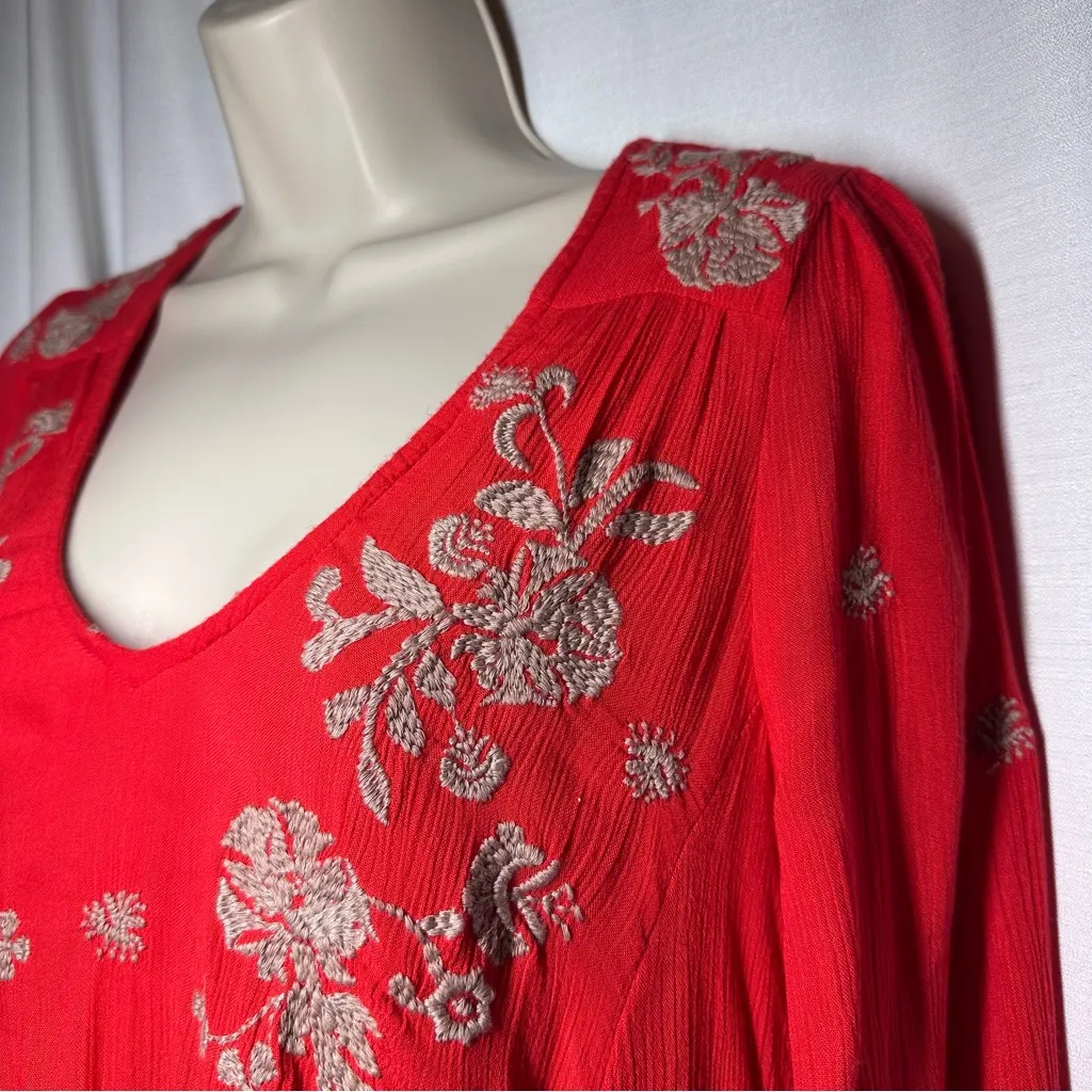 Free People Sweet Tennessee Red Floral Embroidered Mini Tunic Dress S Boho Beach - Image 7