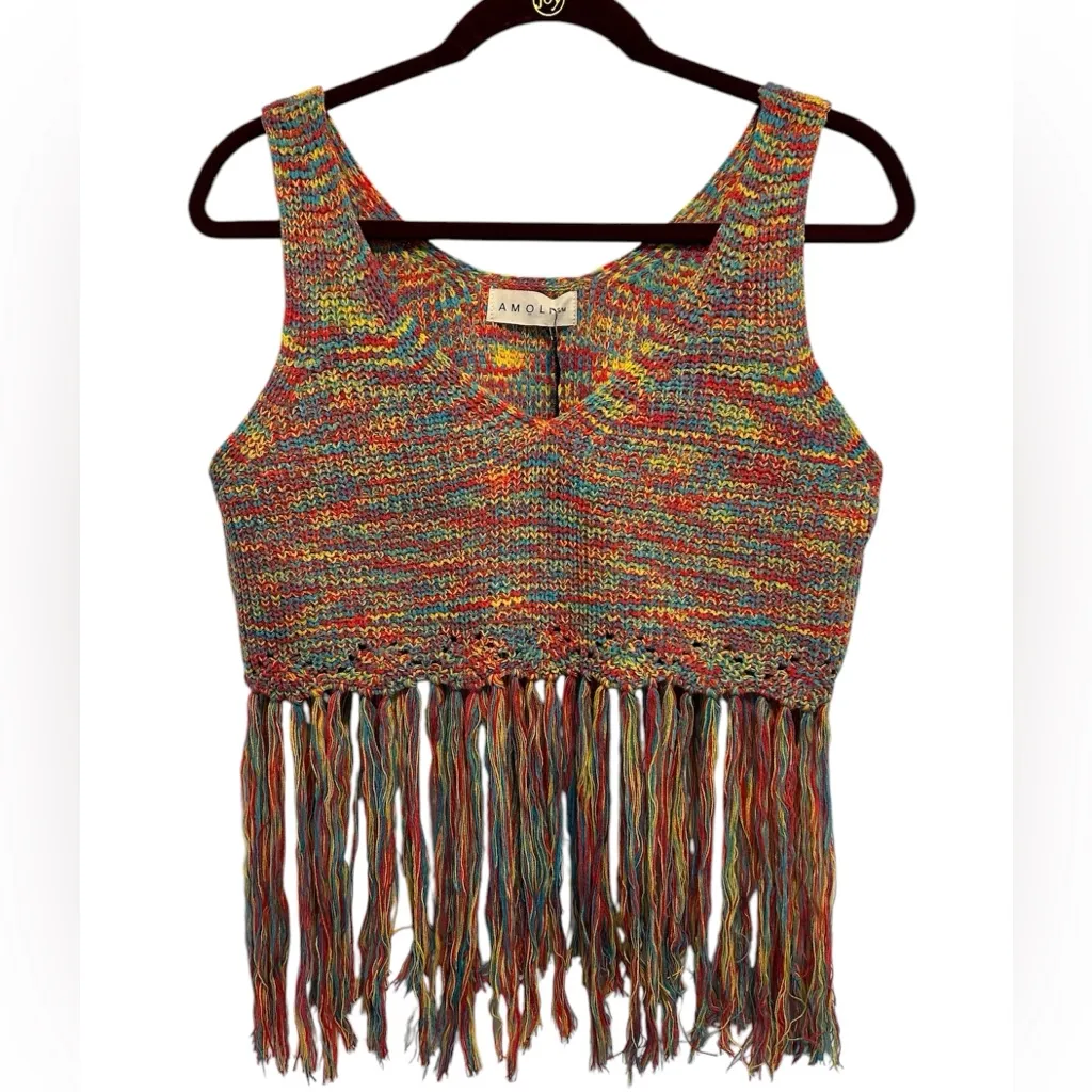 NWT Copacabana Knit Crop Top Tank with Fringe By Amoli Red Size M - Image 2
