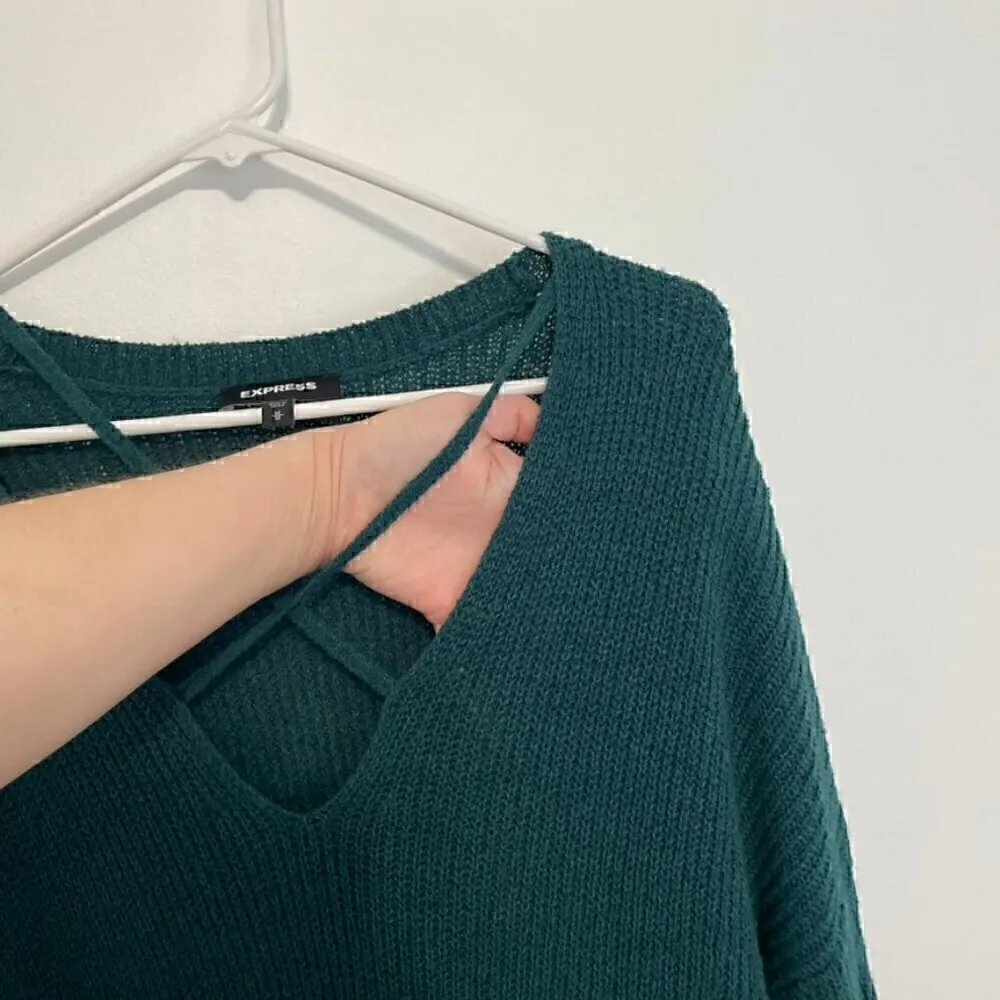 EXPRESS Strappy Circle Hem Tunic Sweater Solid Teal Green Blue 3/4 Sleeve Winter - Image 7