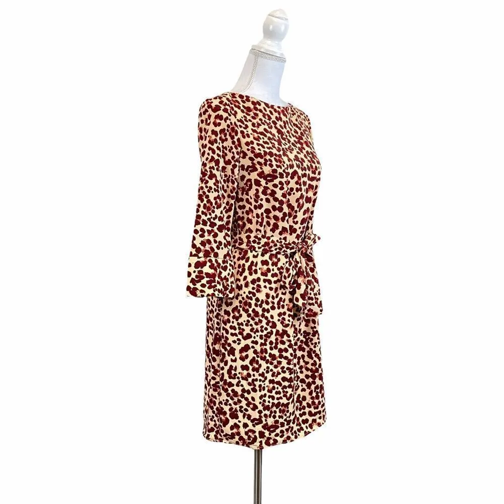 Biege Leopard Print Tie Casual Dress w/ Belt Sz 2 - Image 2