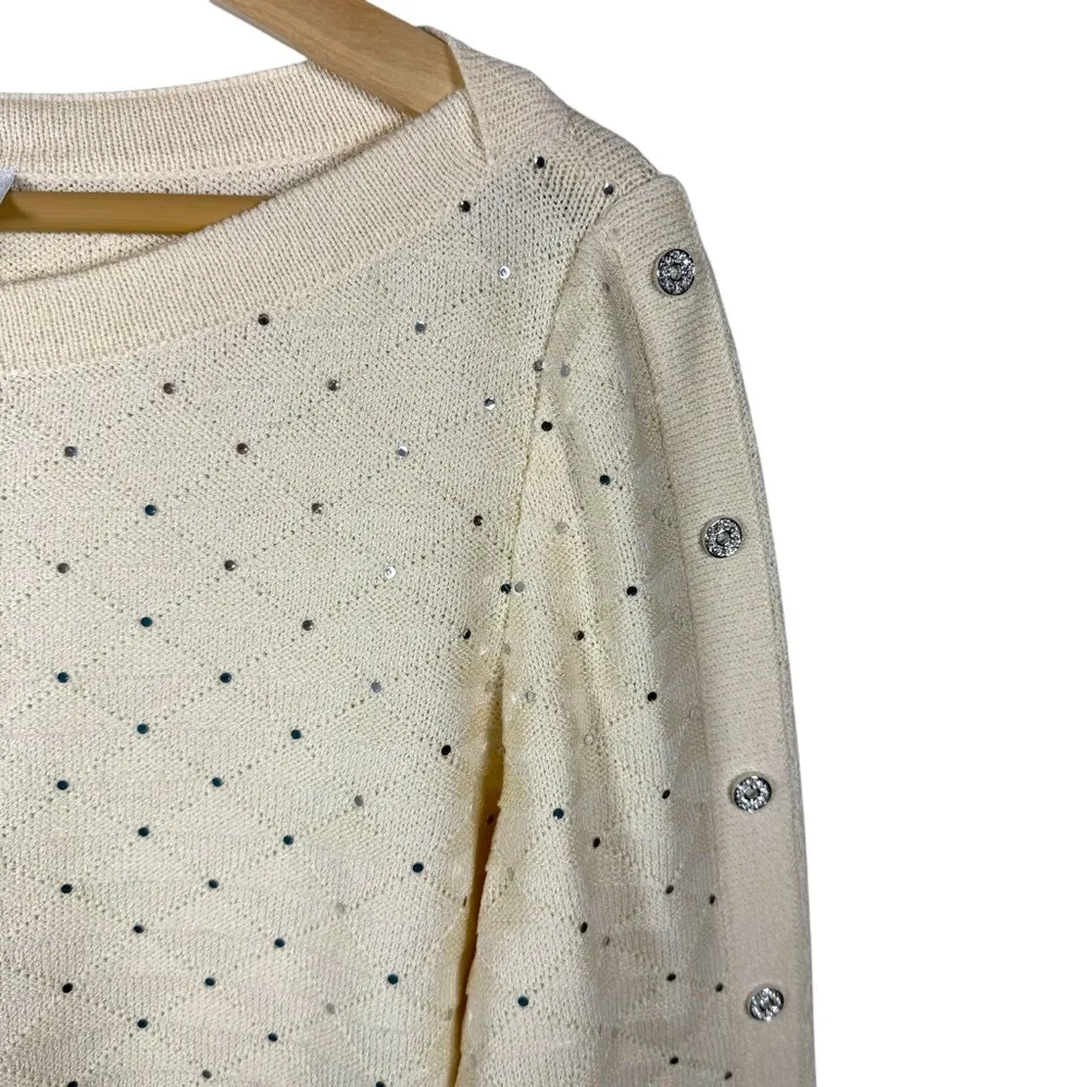 VINTAGE St. John Evening Embellished Rhinestone Sweater in Ivory/Silver Size 0 - Image 5