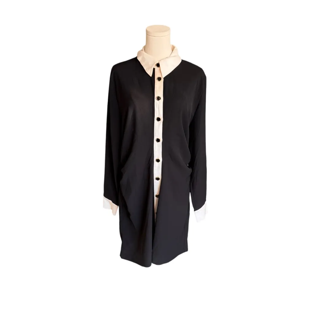 ZARA - Black & White Contrast Long Sleeve Button Preppy Shirt Dress XL - Image 2