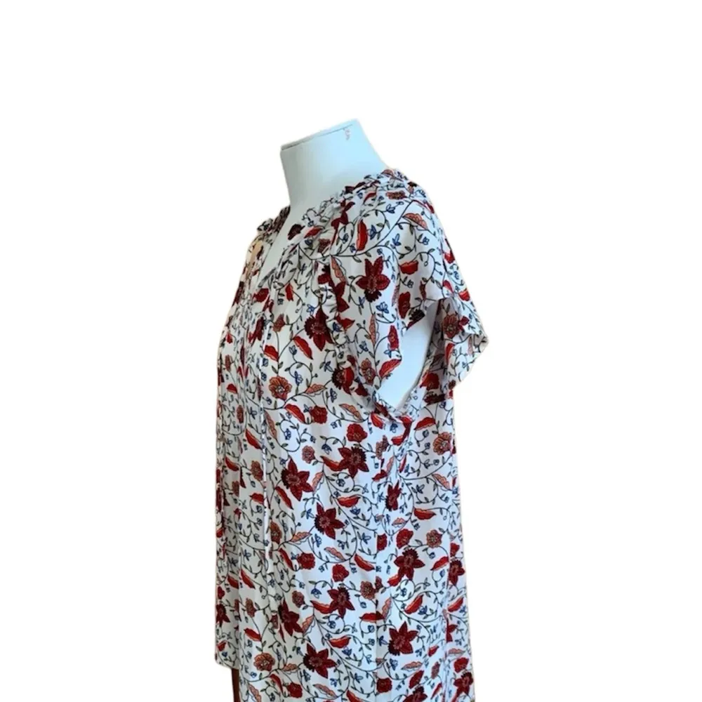 Loft  Red Floral Print Blouse Flutter Sleeve Front Bow Sz M XC - Image 4