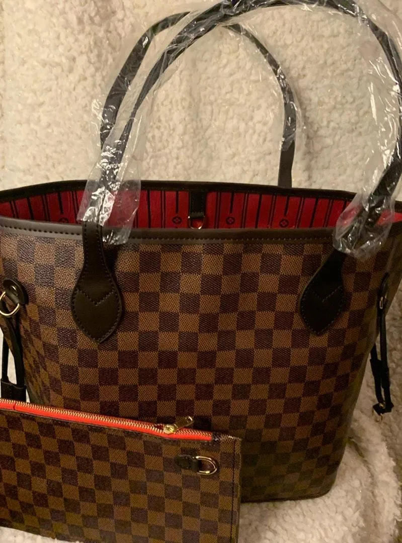 Luxury Checkered Brown Tote Bag - Image 2