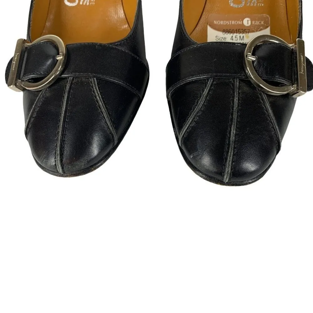SALVATORE FERRAGAMO Black Leather Round Toe Low Heel Pumps Size 4.5 B Heels - Image 4