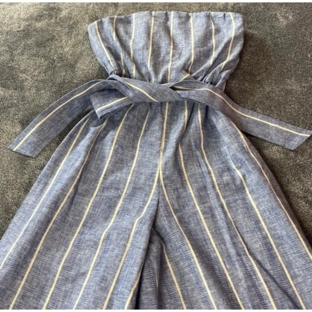 ALICE + OLIVIA Blue & White Striped Strapless Flared Jumpsuit w/ Bow - Image 3