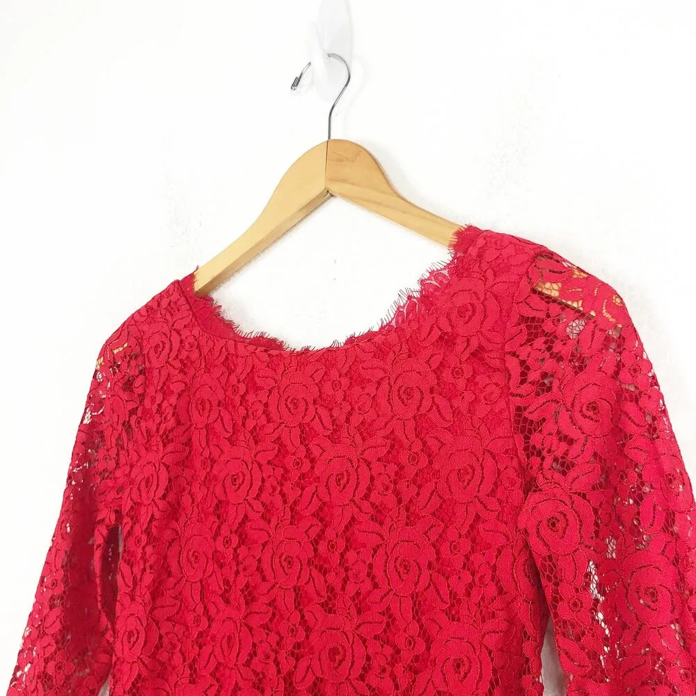 DVF Diane Von Furstenberg Colleen Long Lace Dress Size 0 Red Knee Length - Image 7