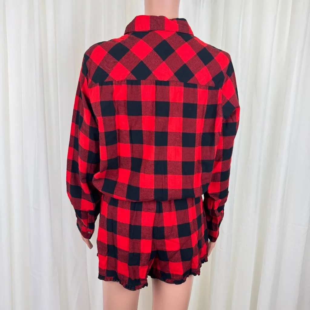 Target Xhilaration Buffalo Plaid Flannel Romper Sleepwear Pajamas Red Blk Sz LG - Image 5